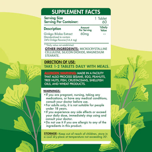 Organic Nation Ginkgo Biloba 60MG-60Serv.-60Tablets